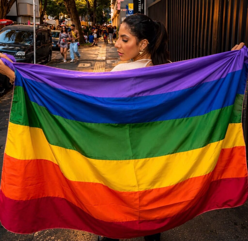 Nayra Davis segura uma bandeira do arco-íris aberta nas costas em rua movimentada.